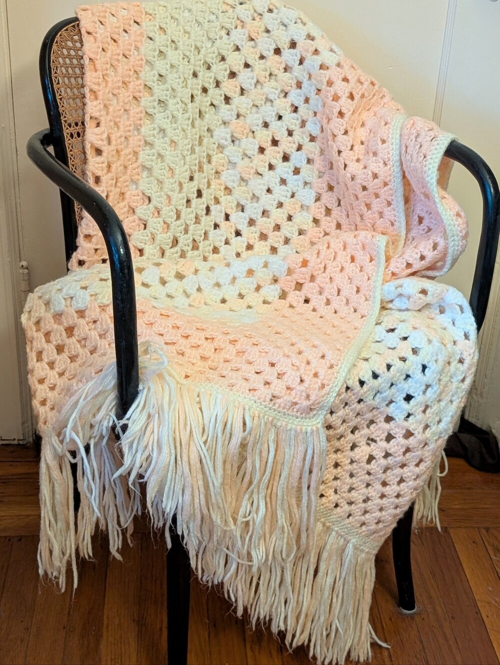 Vintage Handmade Pastel Crochet Fringe Blanket / Measures about 66 x 70 inches